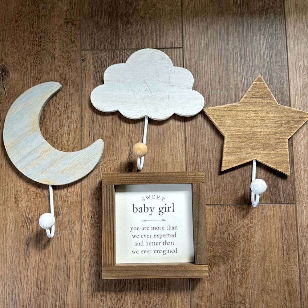 Baby nursery wall hooks and sign